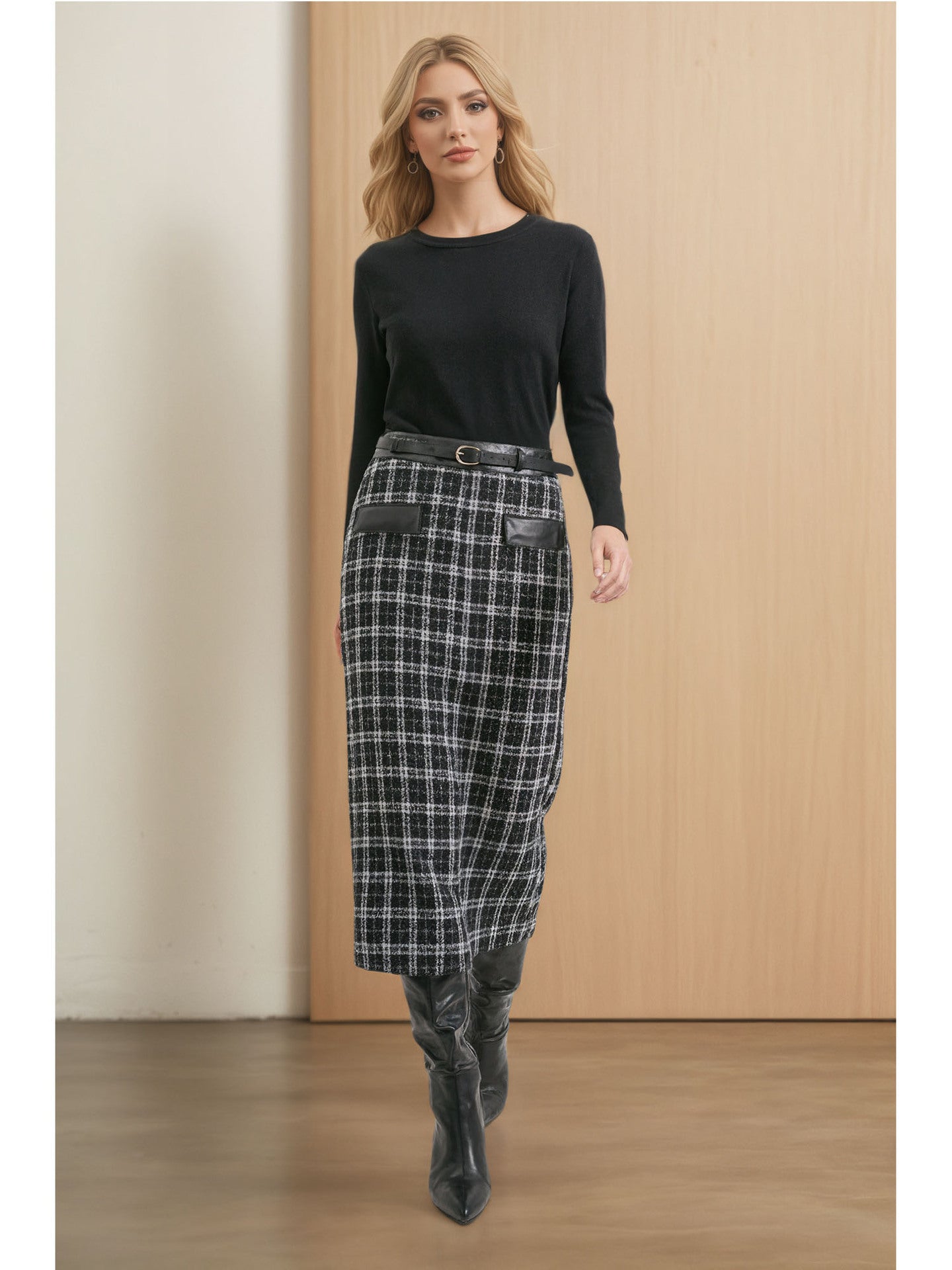 Plaid Midi Skirt with High-Waist and PU Leather Trim