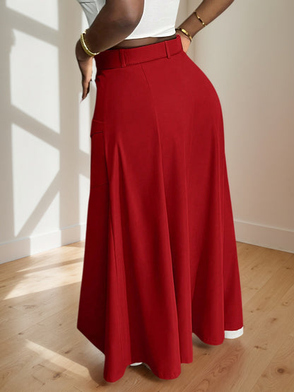 Solid A-Line Maxi Skirt with Belt and Zipper Slit