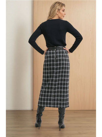Plaid Midi Skirt with High-Waist and PU Leather Trim