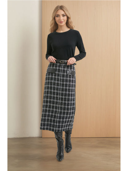 Plaid Midi Skirt with High-Waist and PU Leather Trim