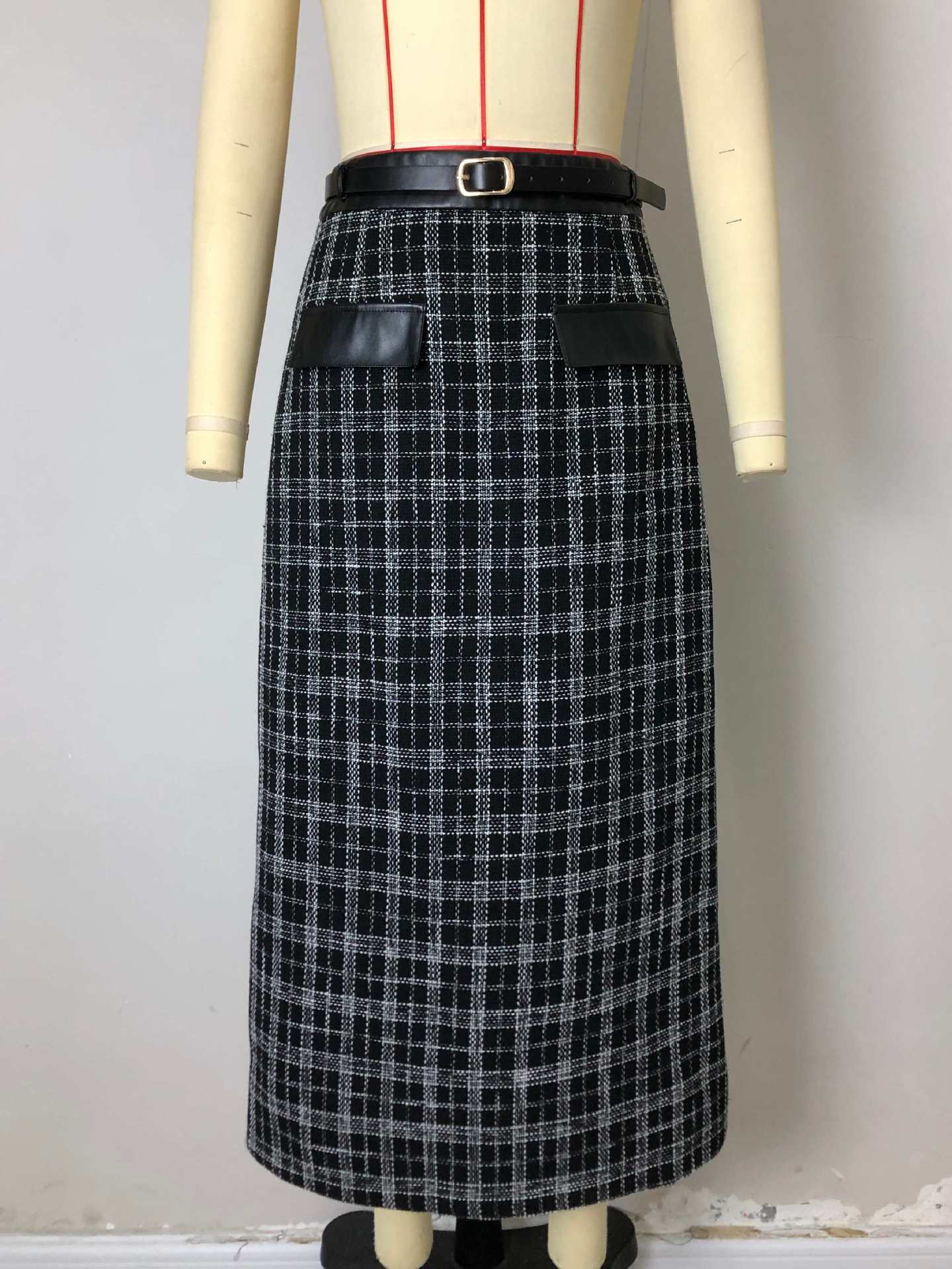 Plaid Midi Skirt with High-Waist and PU Leather Trim