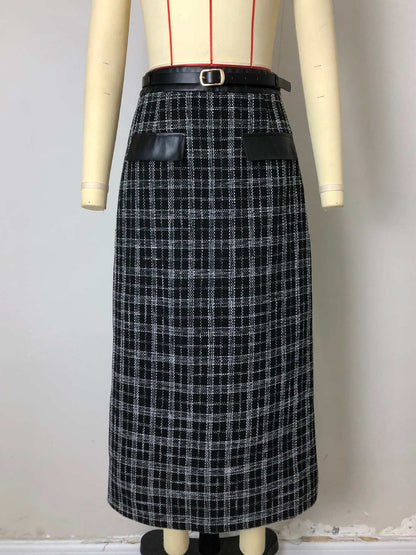 Plaid Midi Skirt with High-Waist and PU Leather Trim