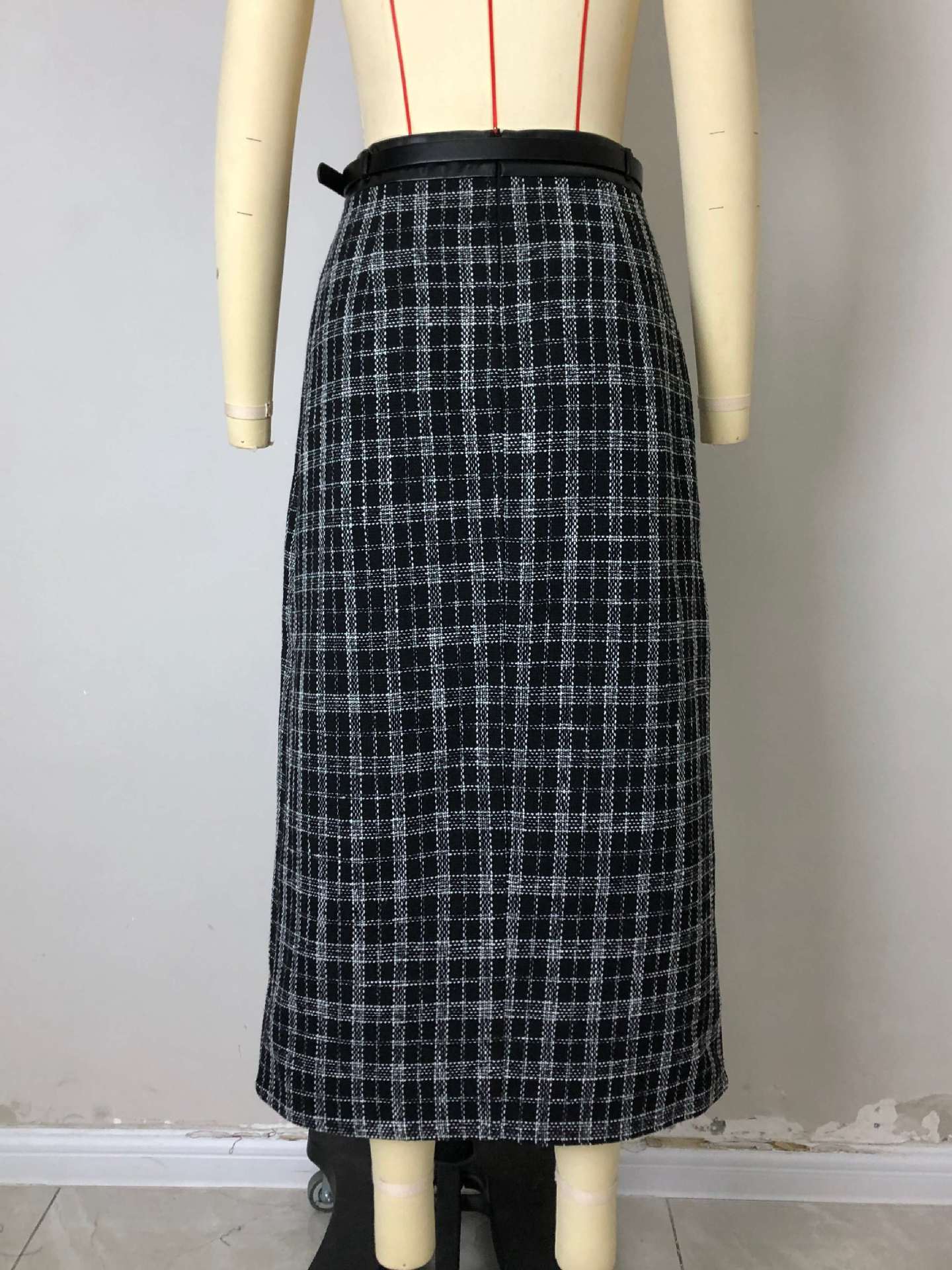Plaid Midi Skirt with High-Waist and PU Leather Trim