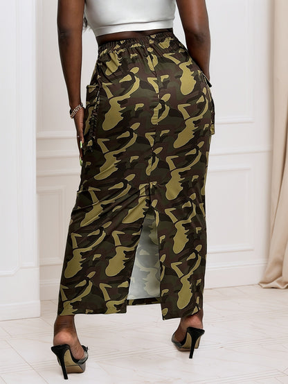 Camouflage Maxi Skirt with Cargo Pockets and Back Slit