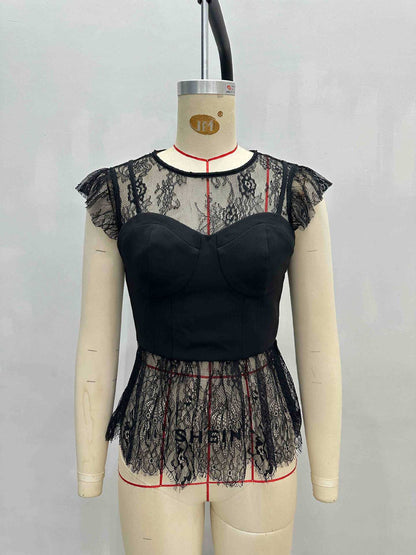 Bustier Peplum Top with Lace Splicing and Flutter Sleeves