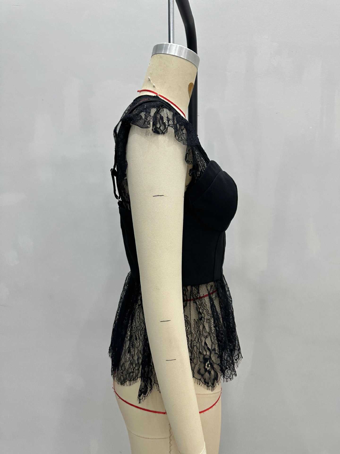 Bustier Peplum Top with Lace Splicing and Flutter Sleeves
