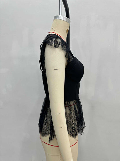 Bustier Peplum Top with Lace Splicing and Flutter Sleeves