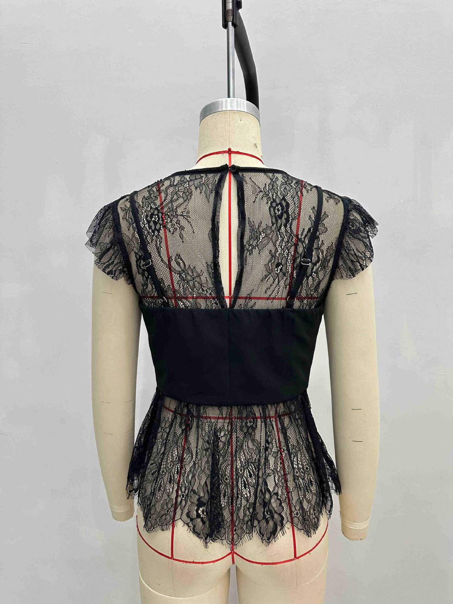 Bustier Peplum Top with Lace Splicing and Flutter Sleeves