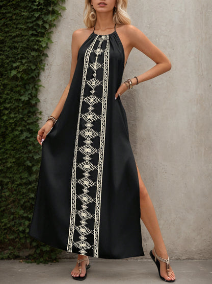 Geometric Print Maxi Dress with Halter Neck and Open Back