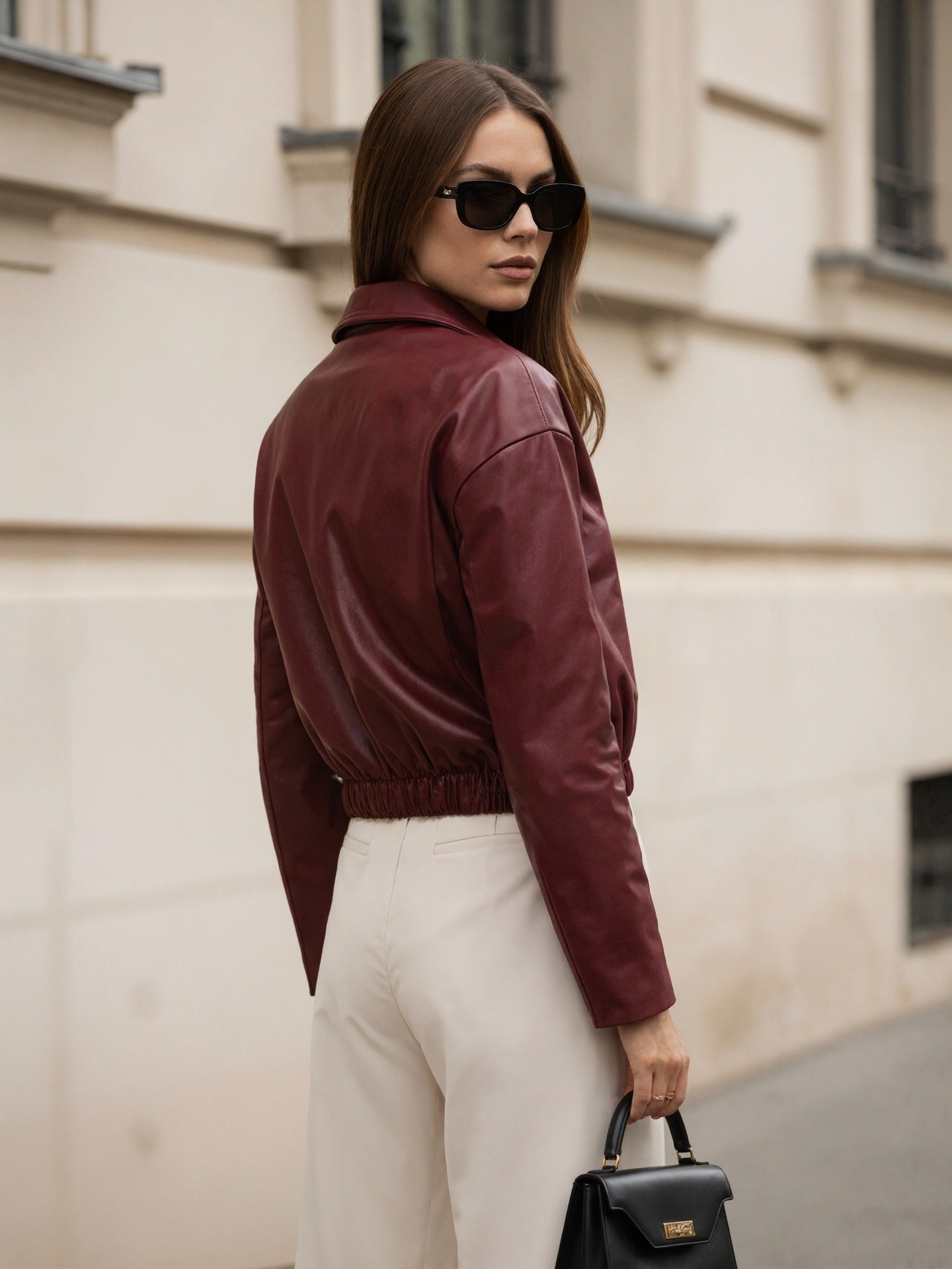 Wine Red PU Leather Jacket with Lapel Collar and Elastic Hem