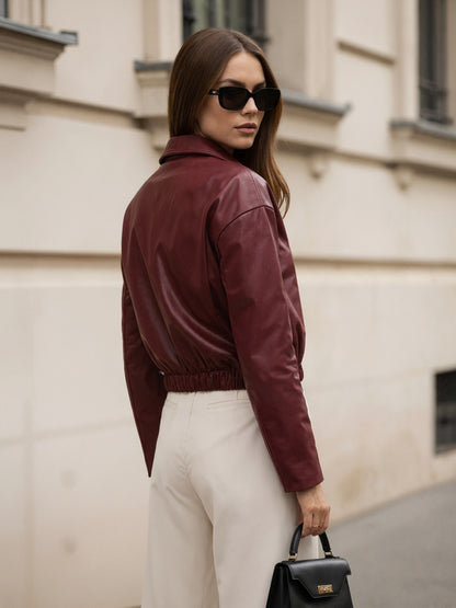 Wine Red PU Leather Jacket with Lapel Collar and Elastic Hem