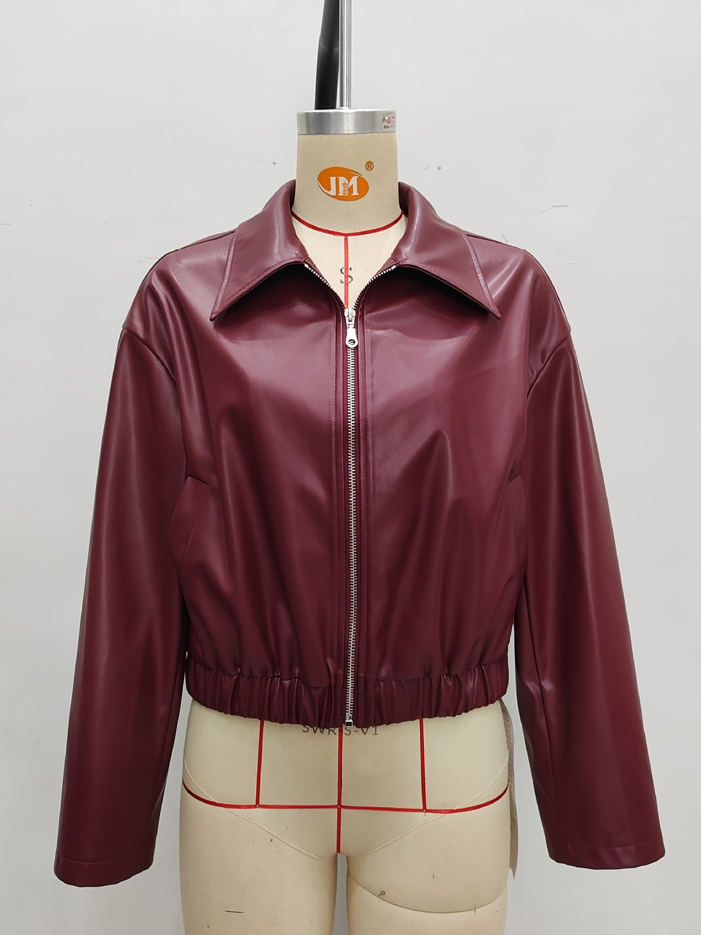 Wine Red PU Leather Jacket with Lapel Collar and Elastic Hem