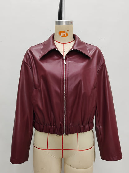 Wine Red PU Leather Jacket with Lapel Collar and Elastic Hem