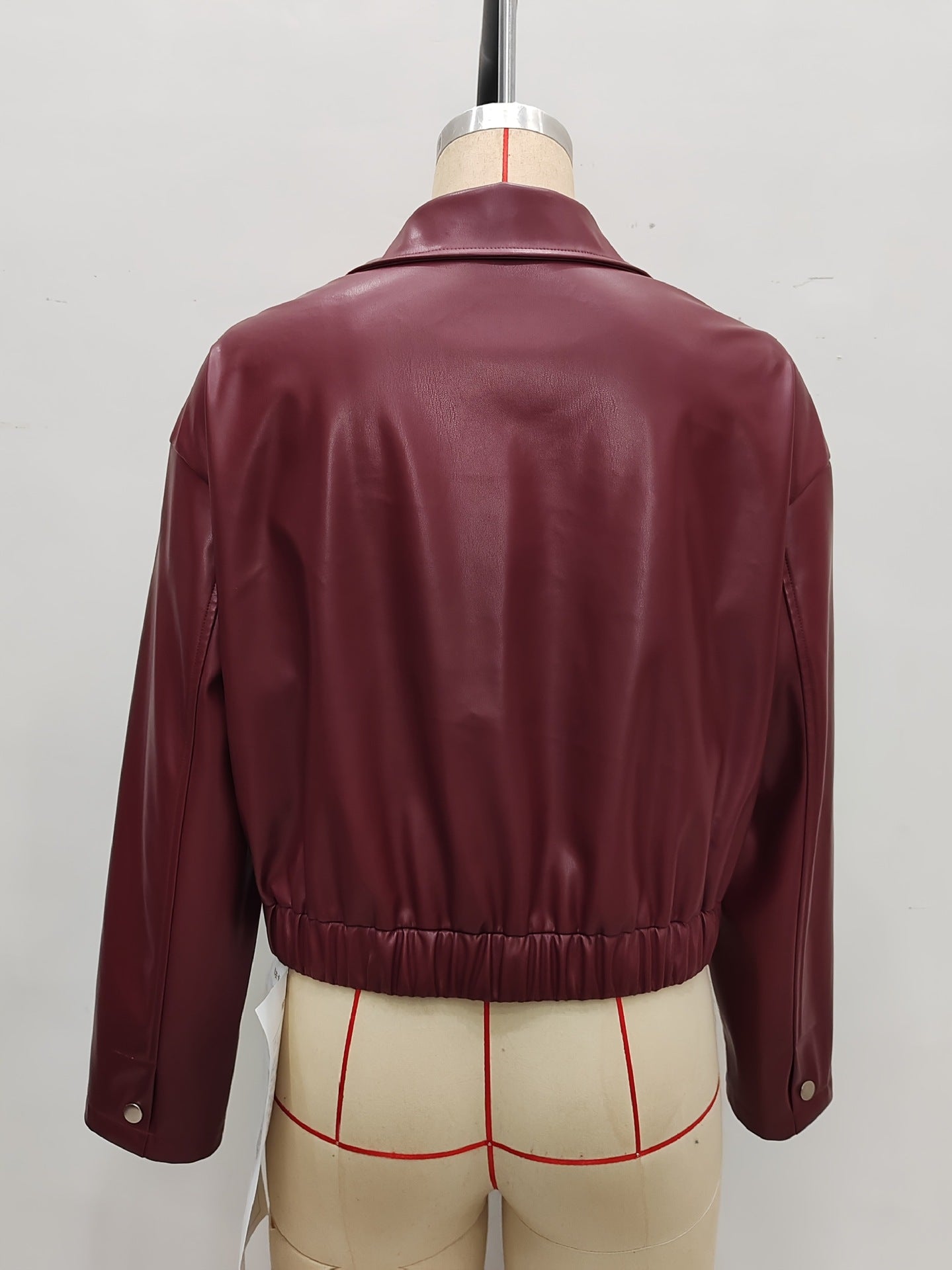 Wine Red PU Leather Jacket with Lapel Collar and Elastic Hem