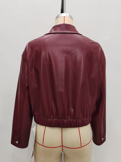 Wine Red PU Leather Jacket with Lapel Collar and Elastic Hem