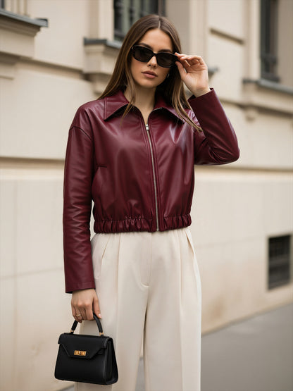 Wine Red PU Leather Jacket with Lapel Collar and Elastic Hem