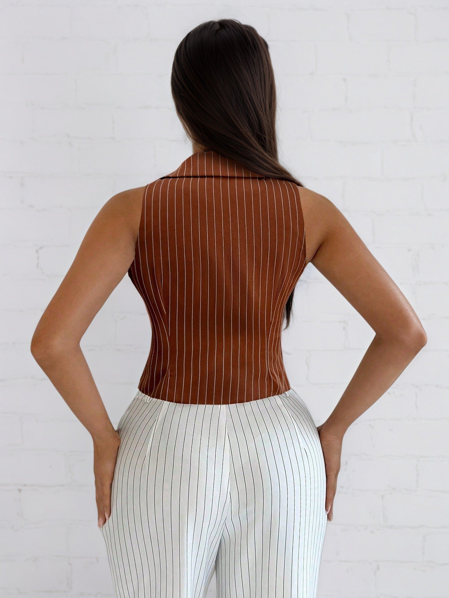 Striped Sleeveless Vest with Deep V-Neck and Tie Front