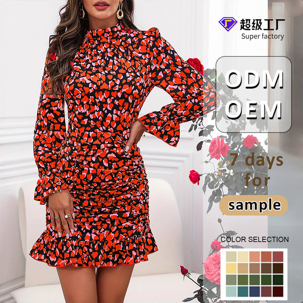 Printed Ruched Mini Dress with High Neck and Ruffle Trim