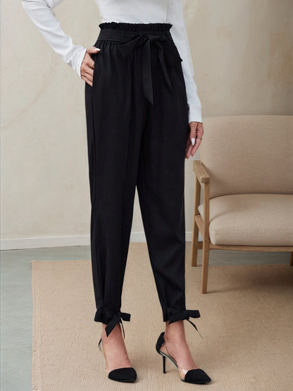Tapered Cropped Pants with Paperbag Waist and Ankle Bows