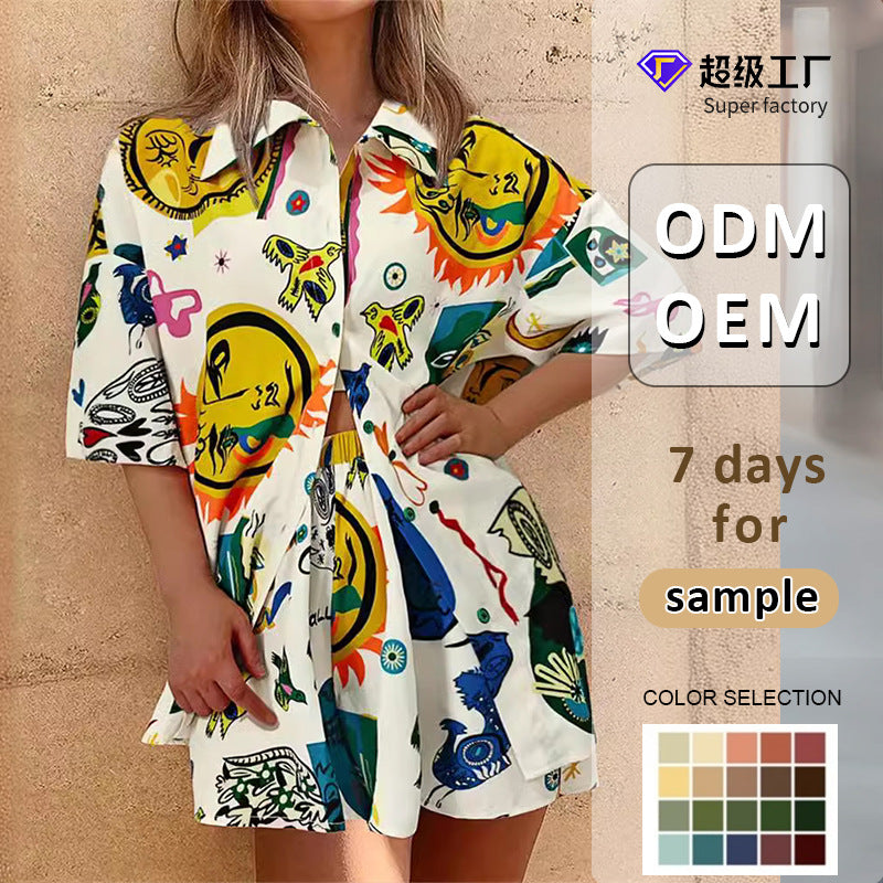 Graffiti Print Shirt and Shorts Set with Three-Quarter Sleeves