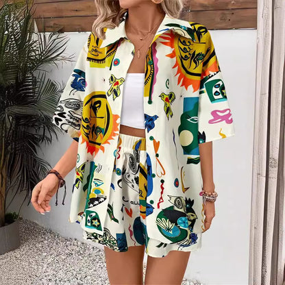 Graffiti Print Shirt and Shorts Set with Three-Quarter Sleeves