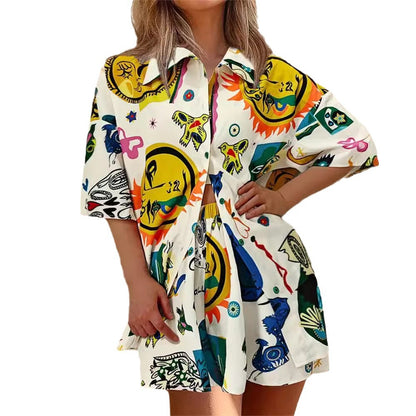 Graffiti Print Shirt and Shorts Set with Three-Quarter Sleeves