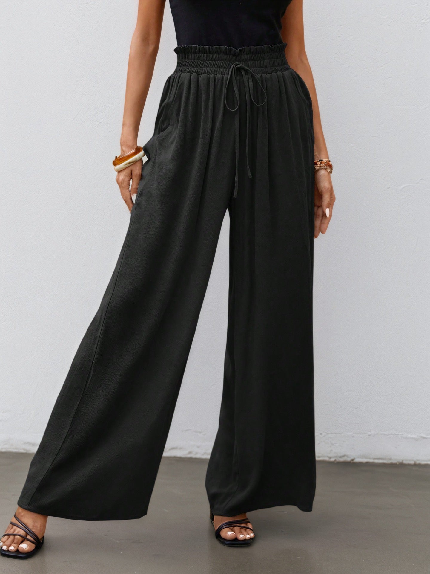 Wide-Leg Pants with Drawstring Paperbag Waist
