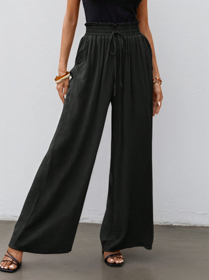 Wide-Leg Pants with Drawstring Paperbag Waist