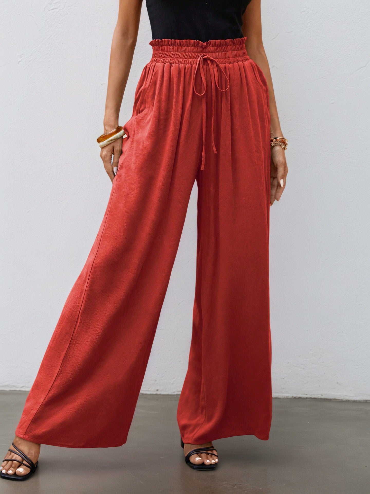 Wide-Leg Pants with Drawstring Paperbag Waist