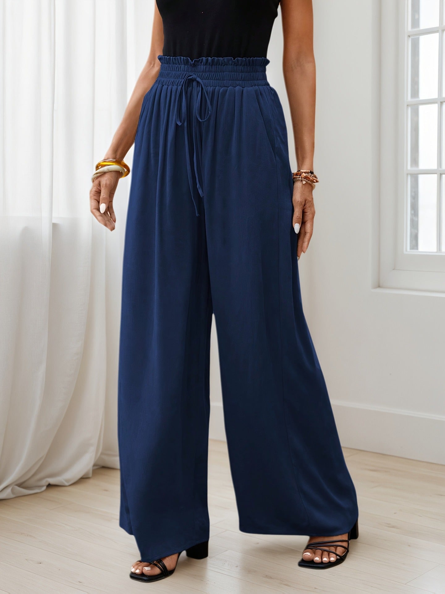 Wide-Leg Pants with Drawstring Paperbag Waist