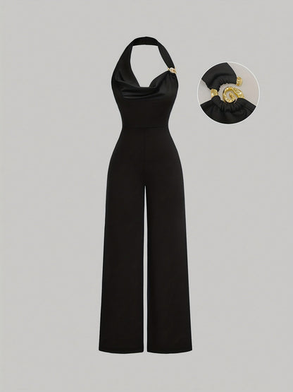 Black Halterneck Jumpsuit with Cowl Neck