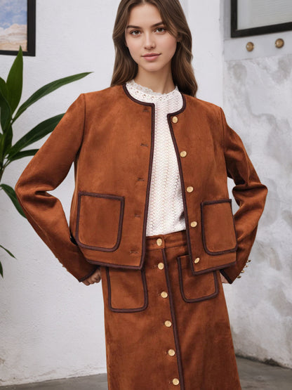 Suede-Look Cropped Jacket & Midi Skirt Set with Piping Trim