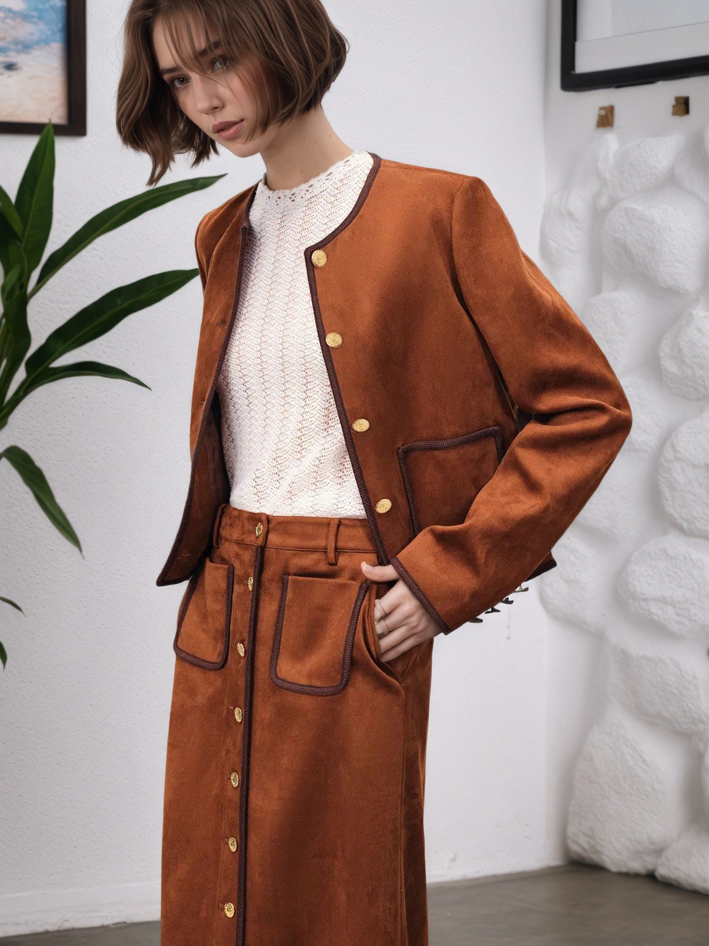 Suede-Look Cropped Jacket & Midi Skirt Set with Piping Trim