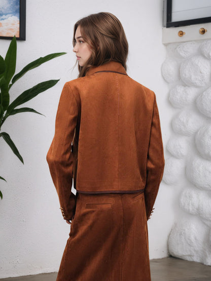 Suede-Look Cropped Jacket & Midi Skirt Set with Piping Trim