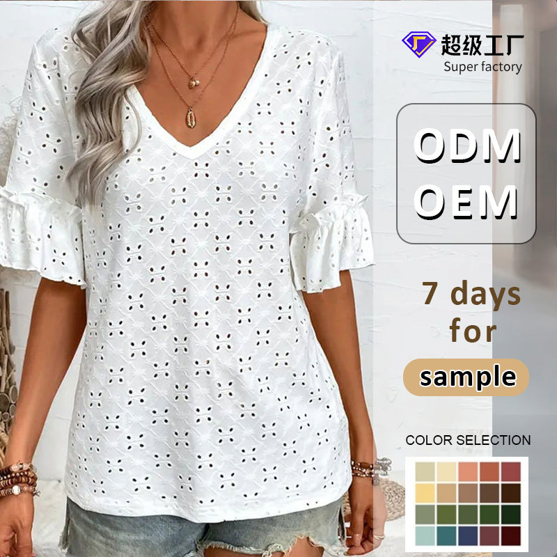 Loose Eyelet Top with V-Neck and Ruffle Sleeves