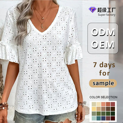 Loose Eyelet Top with V-Neck and Ruffle Sleeves