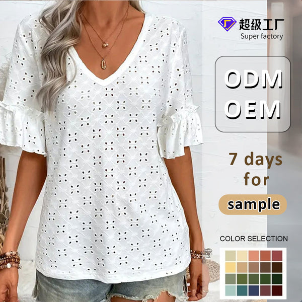 Loose Eyelet Top with V-Neck and Ruffle Sleeves