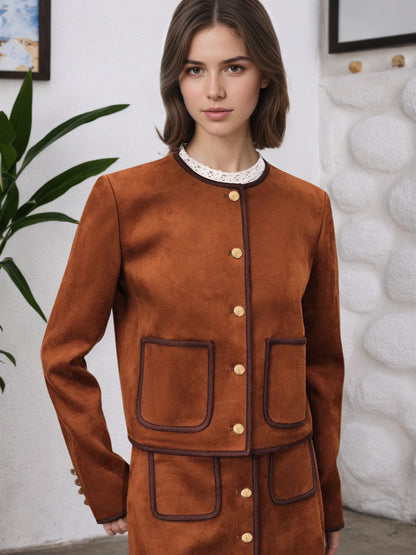 Suede-Look Cropped Jacket & Midi Skirt Set with Piping Trim