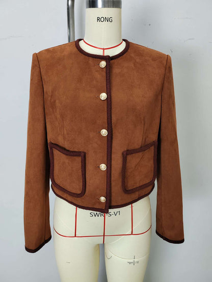 Suede-Look Cropped Jacket & Midi Skirt Set with Piping Trim