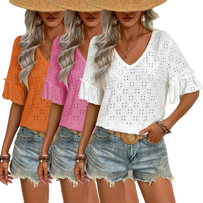 Loose Eyelet Top with V-Neck and Ruffle Sleeves