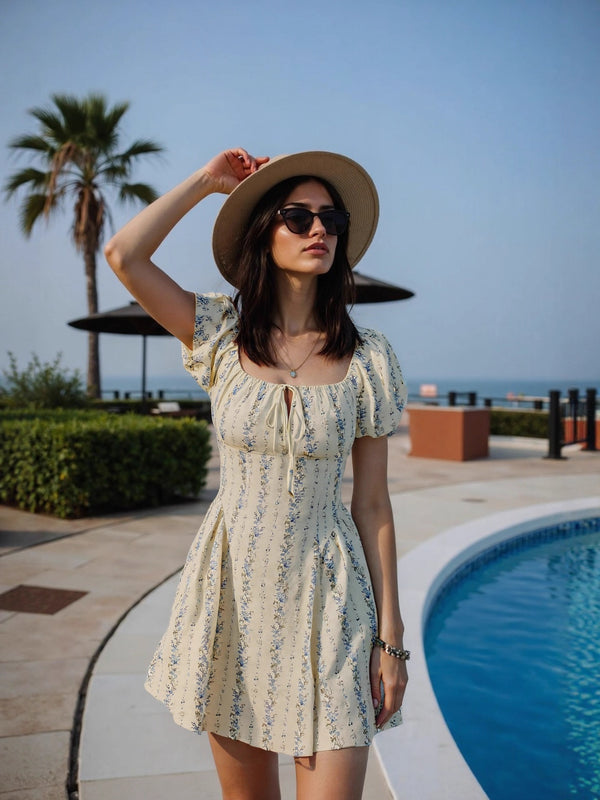 Floral A-Line Mini Dress with Puff Sleeves and Tie Front