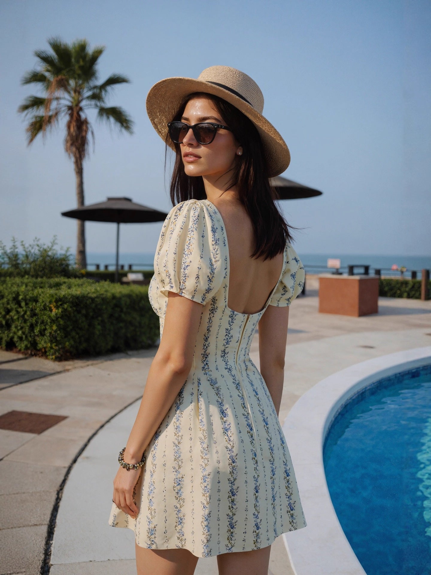 Floral A-Line Mini Dress with Puff Sleeves and Tie Front