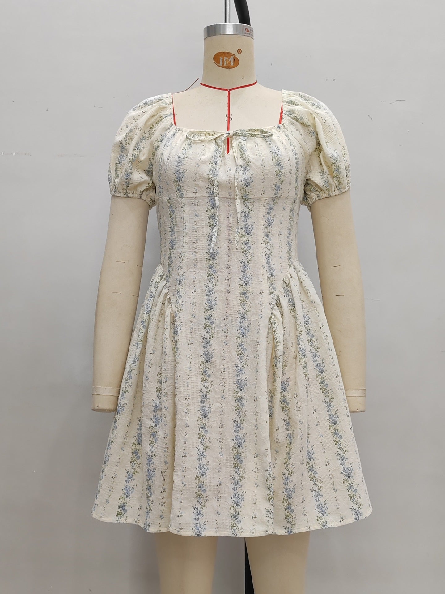 Floral A-Line Mini Dress with Puff Sleeves and Tie Front