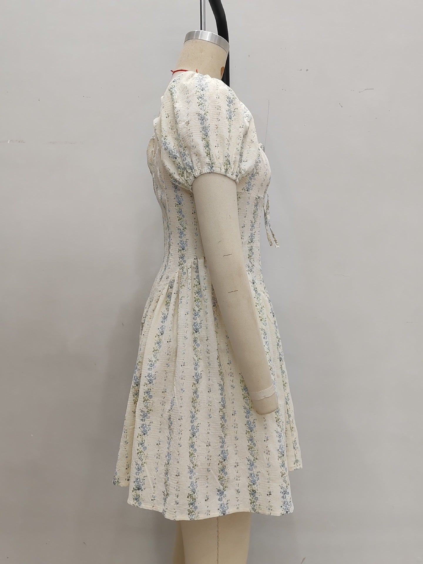 Floral A-Line Mini Dress with Puff Sleeves and Tie Front
