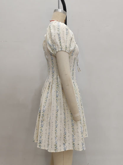 Floral A-Line Mini Dress with Puff Sleeves and Tie Front