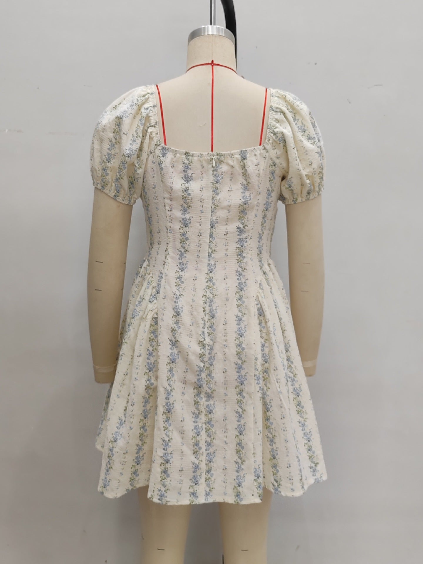 Floral A-Line Mini Dress with Puff Sleeves and Tie Front