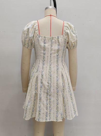 Floral A-Line Mini Dress with Puff Sleeves and Tie Front