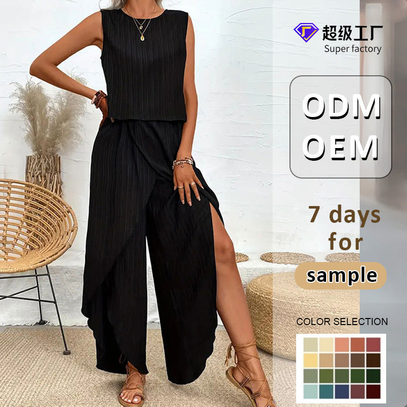 Solid Textured Two-Piece Pants Set with Sleeveless Top and Split Wide-Leg Pants