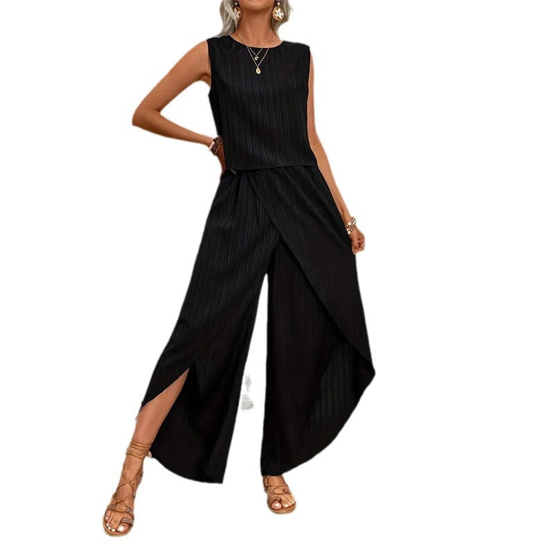 Solid Textured Two-Piece Pants Set with Sleeveless Top and Split Wide-Leg Pants