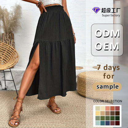 Solid Pleated Maxi Skirt with High Slit and Ruffled Waist